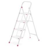 Huishoudtrap - 4 treden - opklapbaar - 90 cm hoog - wit/roze