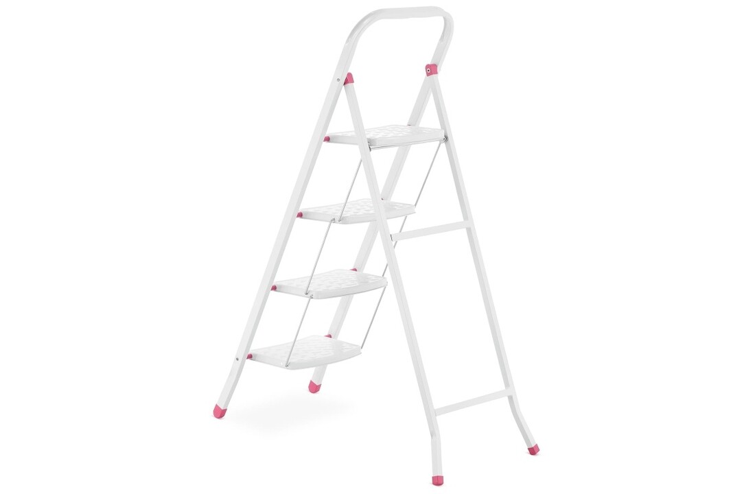 Huishoudtrap - 4 treden - opklapbaar - 90 cm hoog - wit/roze
