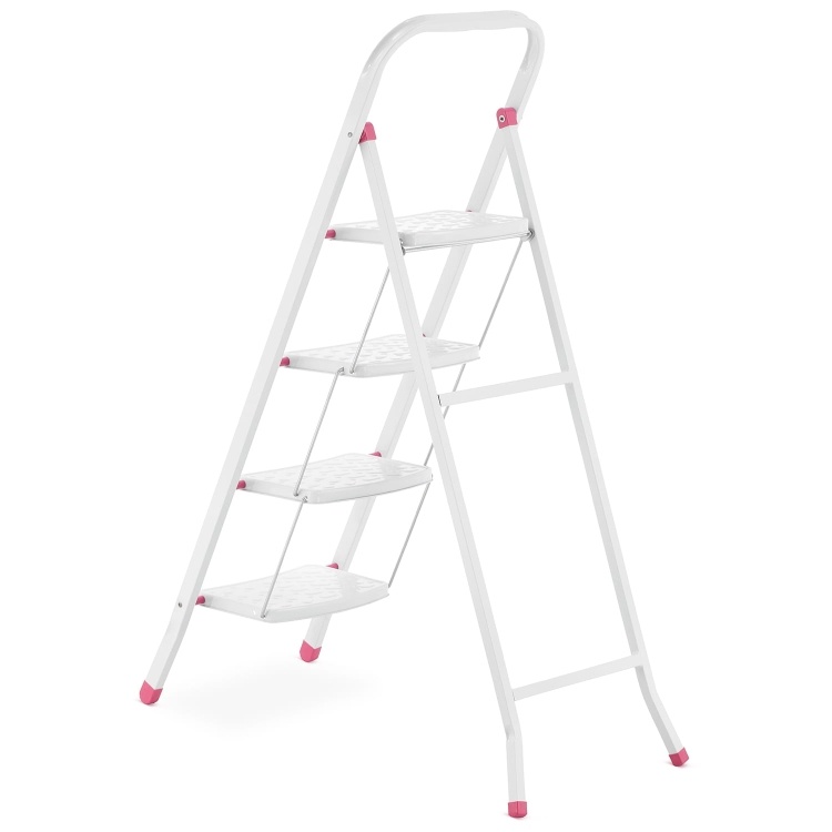 Huishoudtrap - 4 treden - opklapbaar - 90 cm hoog - wit/roze