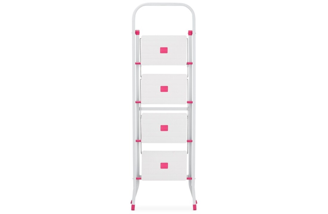 Huishoudtrap - 4 treden - opklapbaar - 90 cm hoog - wit/roze