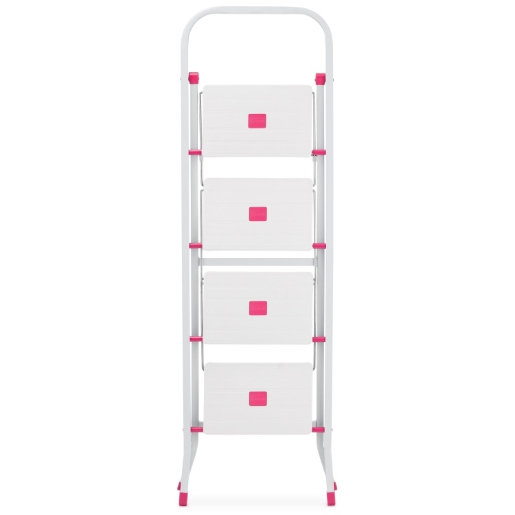 Huishoudtrap - 4 treden - inklapbaar - 90 cm hoog - wit/roze