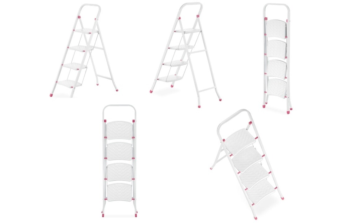 Huishoudtrap - 4 treden - inklapbaar - 90 cm hoog - wit/roze