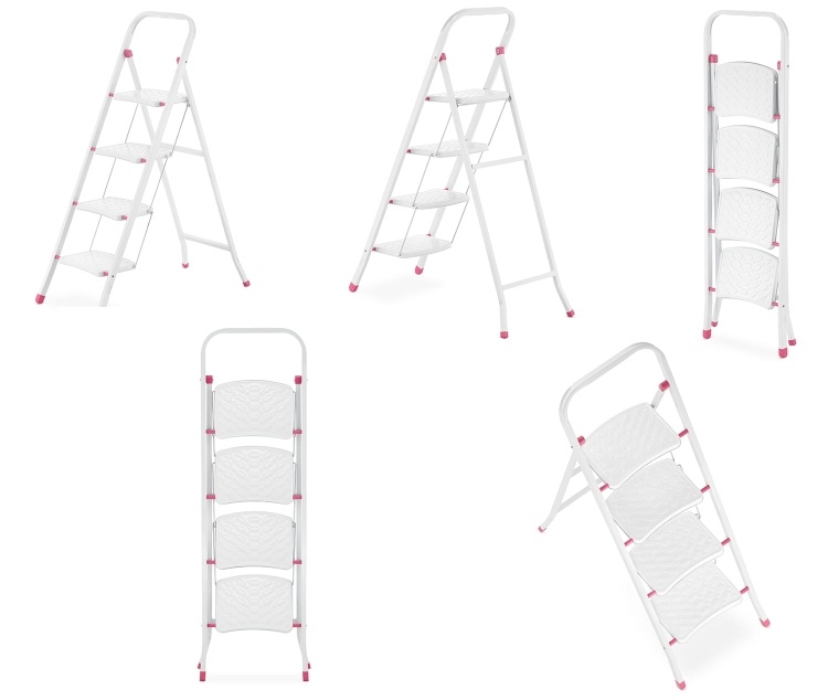 Huishoudtrap - 4 treden - opklapbaar - 90 cm hoog - wit/roze