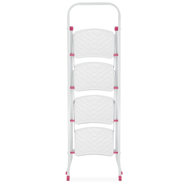 Huishoudtrap - 4 treden - inklapbaar - 90 cm hoog - wit/roze