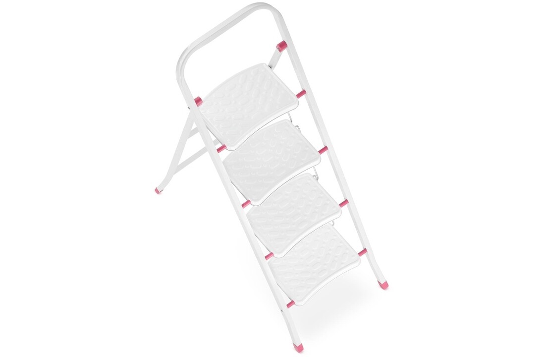 Huishoudtrap - 4 treden - opklapbaar - 90 cm hoog - wit/roze