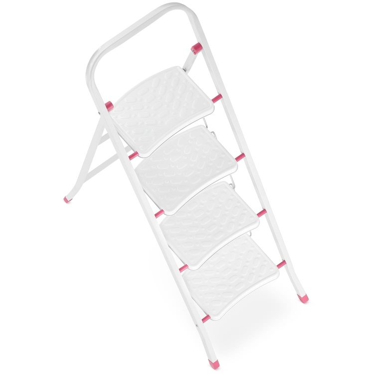 Huishoudtrap - 4 treden - opklapbaar - 90 cm hoog - wit/roze