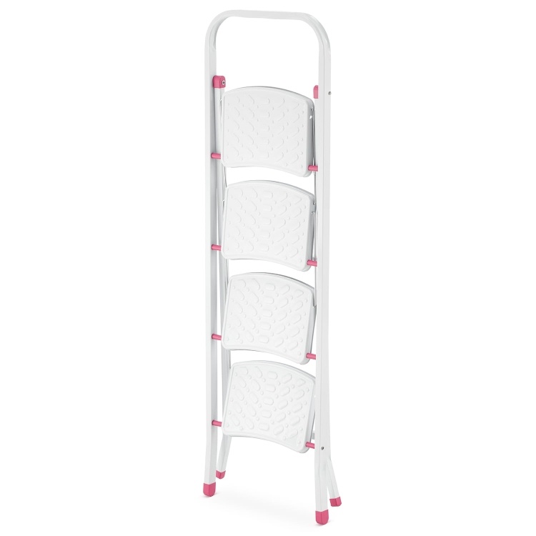 Huishoudtrap - 4 treden - inklapbaar - 90 cm hoog - wit/roze