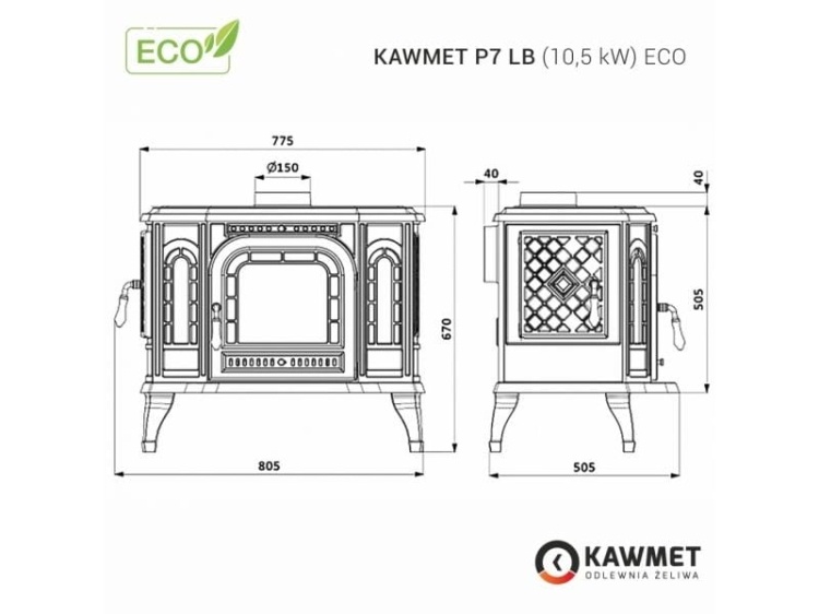 Gietijzeren Kachel KAWMET P7 10,5 kW LB/RB EkoProjekt 2022