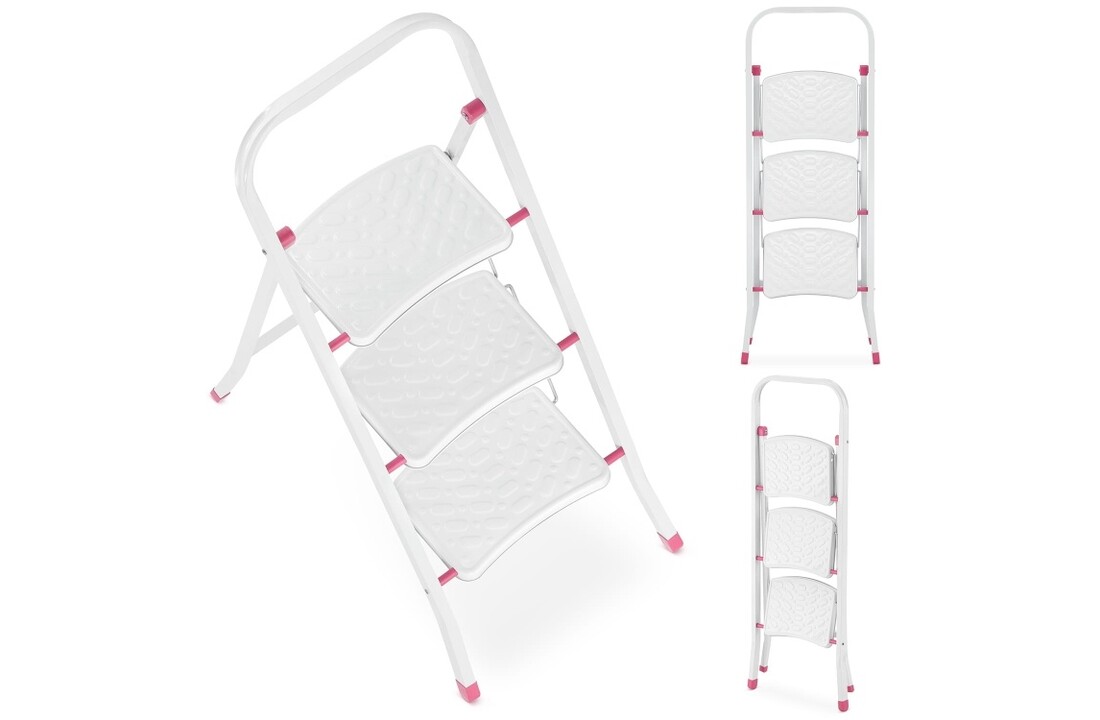 Huishoudtrap - 3 treden - inklapbaar - 68,5 cm hoog - wit/roze
