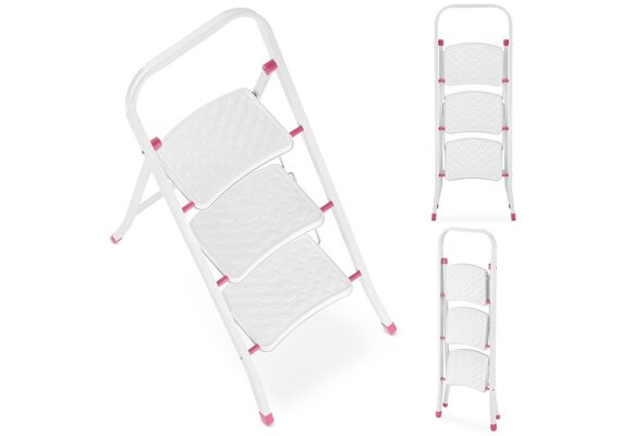 Huishoudtrap - 3 treden - inklapbaar - 68,5 cm hoog - wit/roze