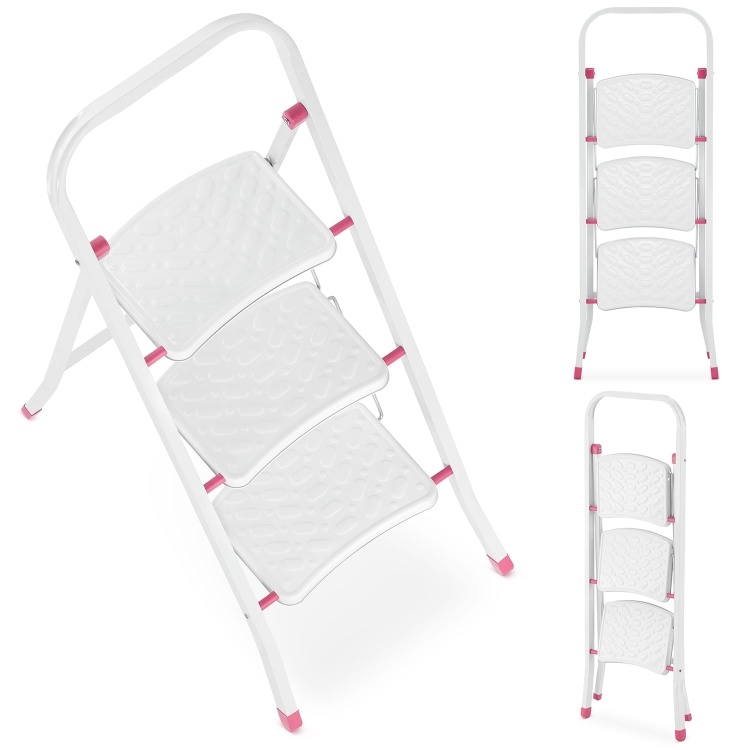 Huishoudtrap - 3 treden - inklapbaar - 68,5 cm hoog - wit/roze