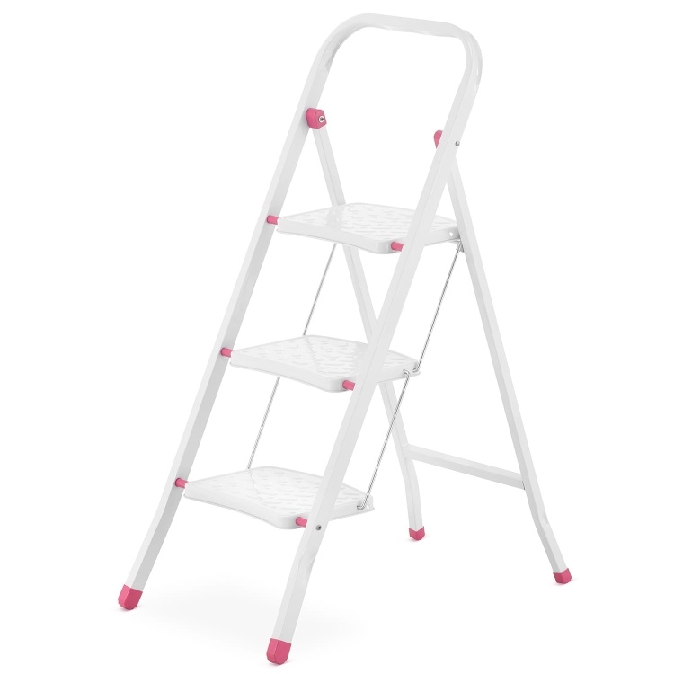 Huishoudtrap - 3 treden - inklapbaar - 68,5 cm hoog - wit/roze
