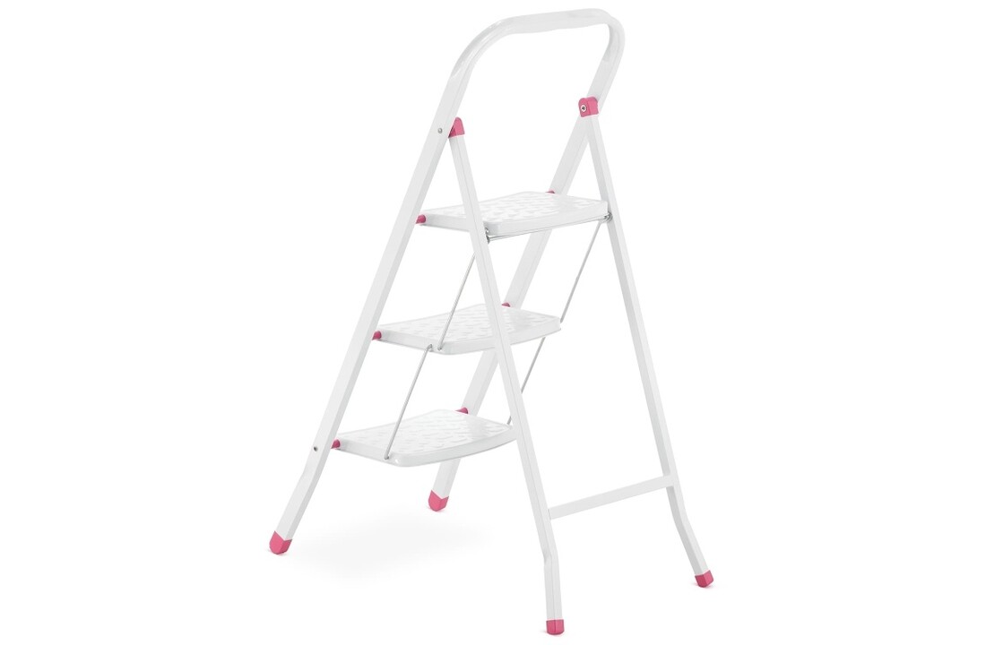 Huishoudtrap - 3 treden - inklapbaar - 68,5 cm hoog - wit/roze