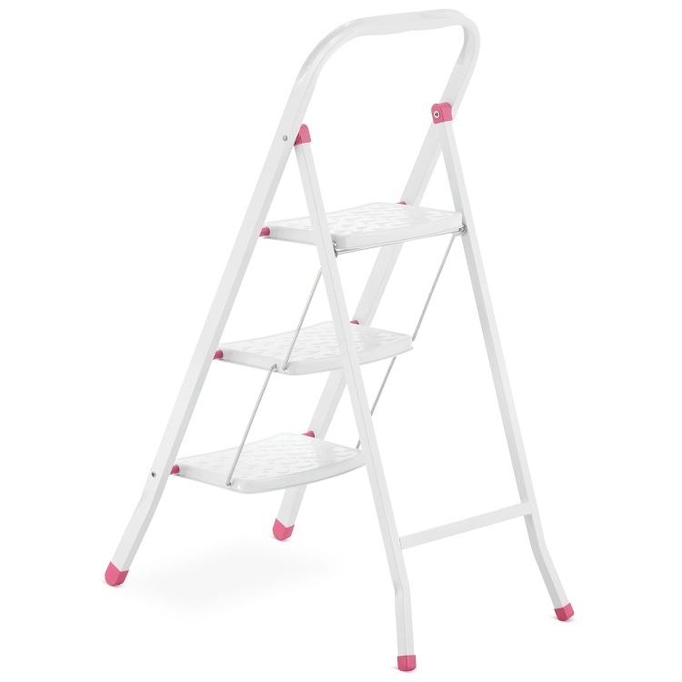 Huishoudtrap - 3 treden - inklapbaar - 68,5 cm hoog - wit/roze