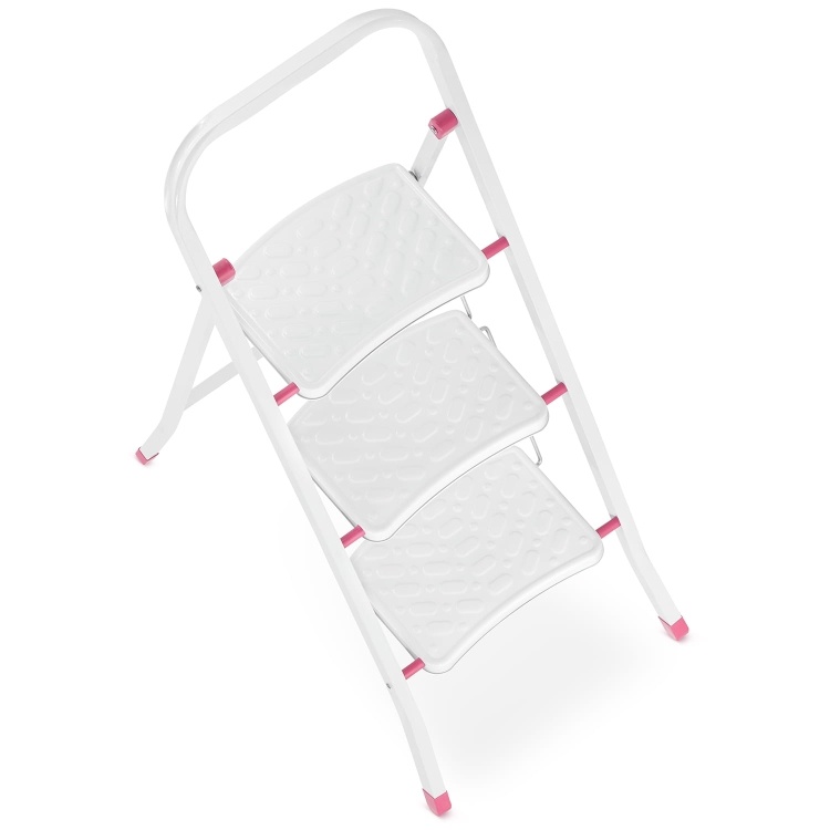 Huishoudtrap - 3 treden - inklapbaar - 68,5 cm hoog - wit/roze