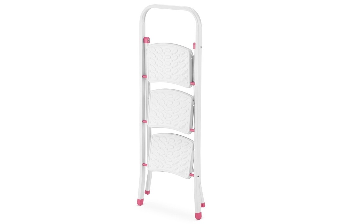 Huishoudtrap - 3 treden - inklapbaar - 68,5 cm hoog - wit/roze
