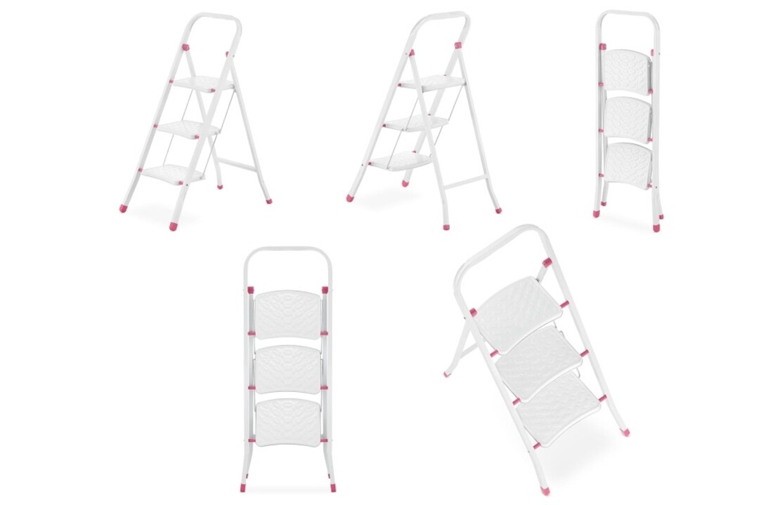 Huishoudtrap - 3 treden - inklapbaar - 68,5 cm hoog - wit/roze