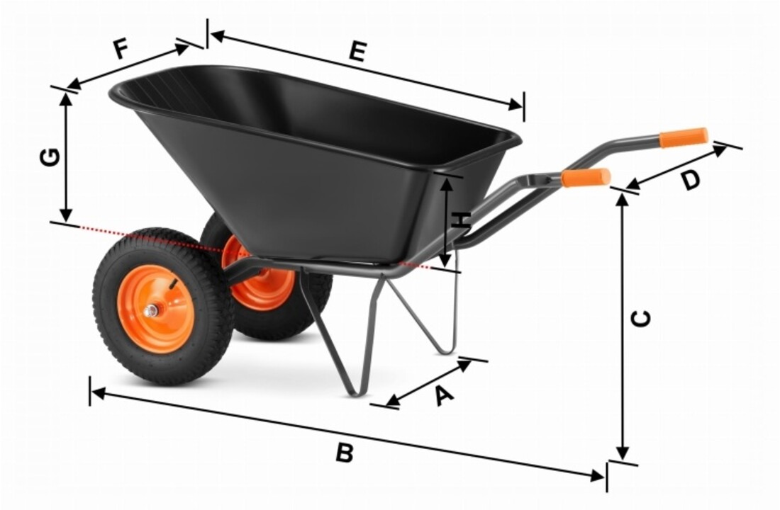 Kruiwagen 150 liter - met 2 wielen - tot 390 kg - zwart/oranje