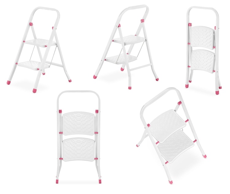HIGHER 2-treden opvouwbare huisladder - wit/roze