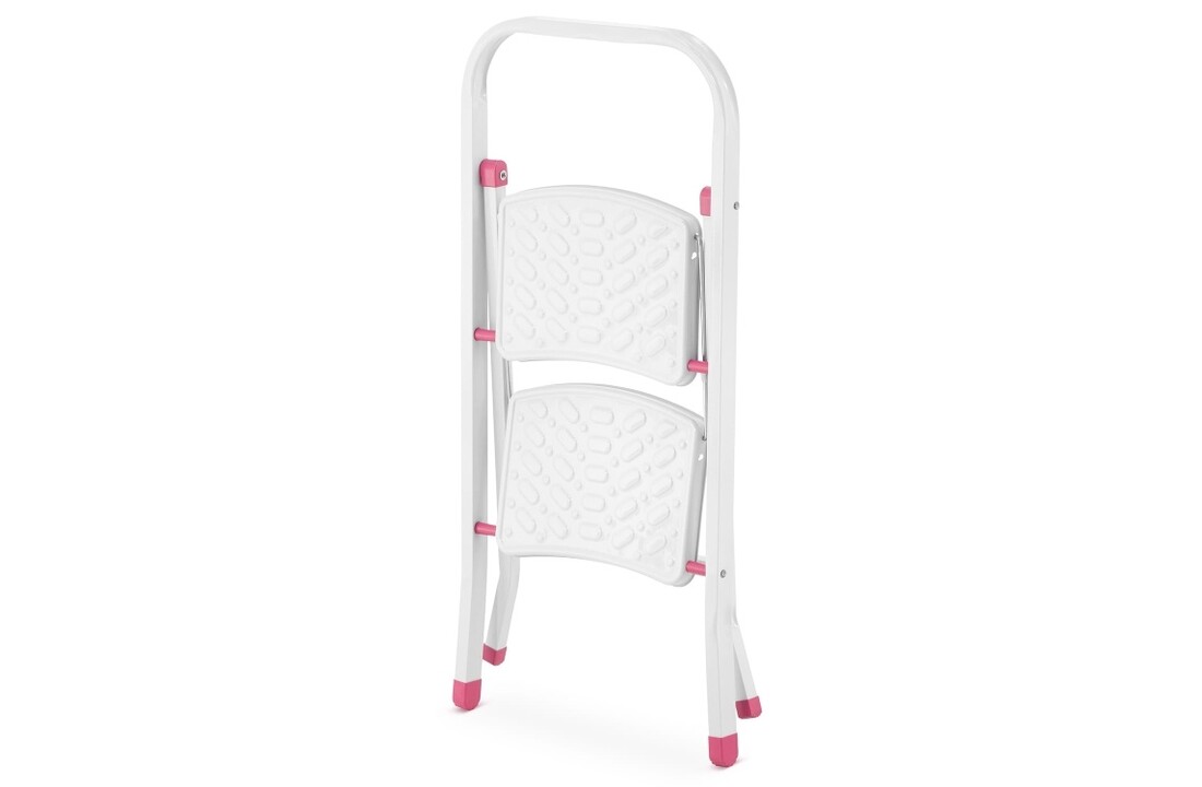 Huishoudtrap - 2 treden - inklapbaar - 45 cm hoog - wit/roze