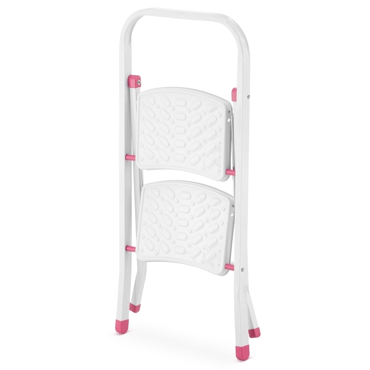 Huishoudtrap - 2 treden - inklapbaar - 45 cm hoog - wit/roze