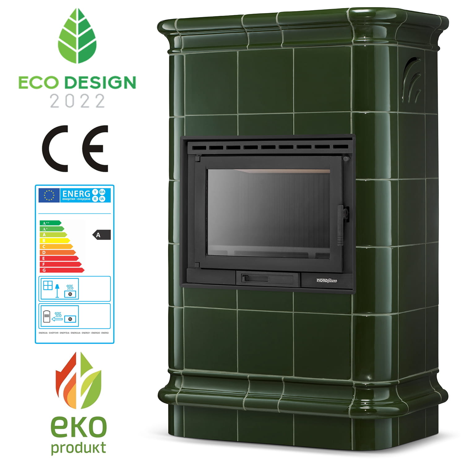 Tegelkachel - houtkachel - 13kW - keramisch - ROMA - olijfgroen