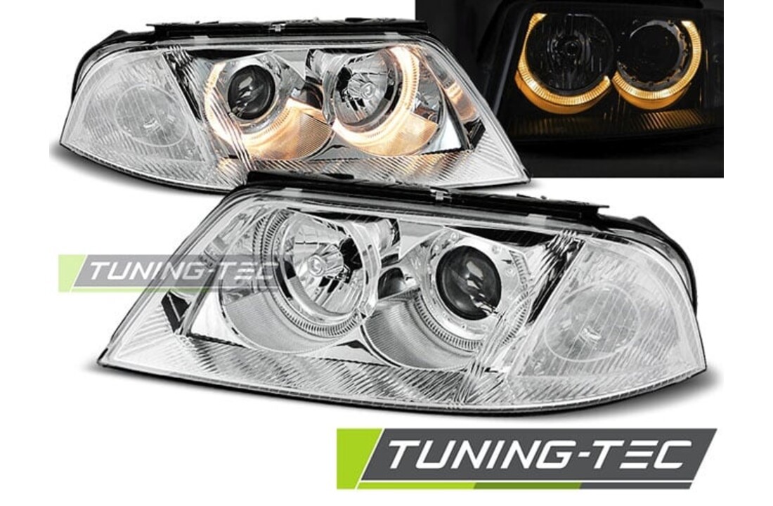 Koplampen dual halo rims geschikt voor VW Passat 3BG B5 FL 09-00-03-05 Angel Eyes chroom