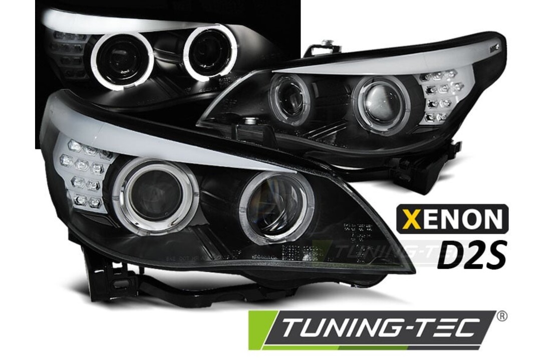Koplampen Xenon D2S geschikt voor BMW E60/E61 2003-2004 - LED angel eyes - zwart