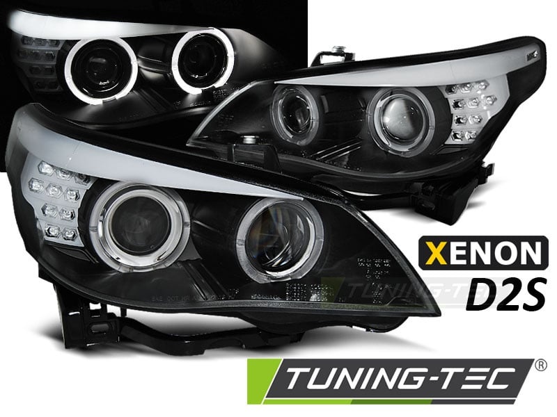 Koplampen Xenon D2S geschikt voor BMW E60/E61 2003-2004 - LED angel eyes - zwart
