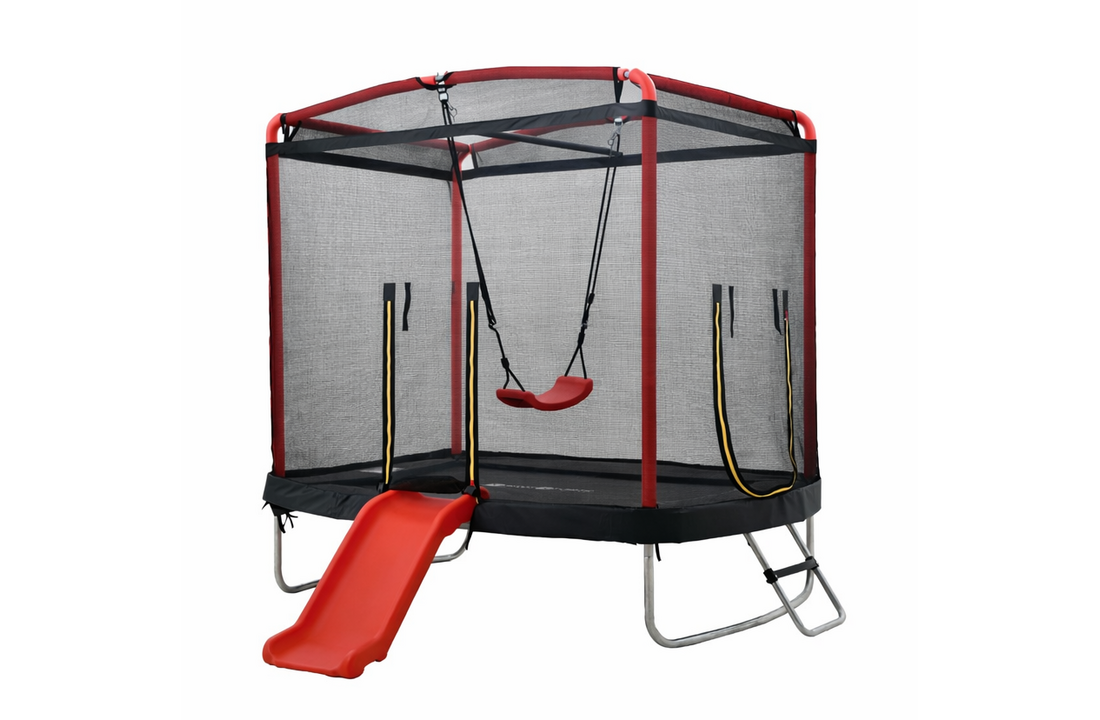 Trampoline rechthoekig 126×193 cm - glijbaan & schommel - rood