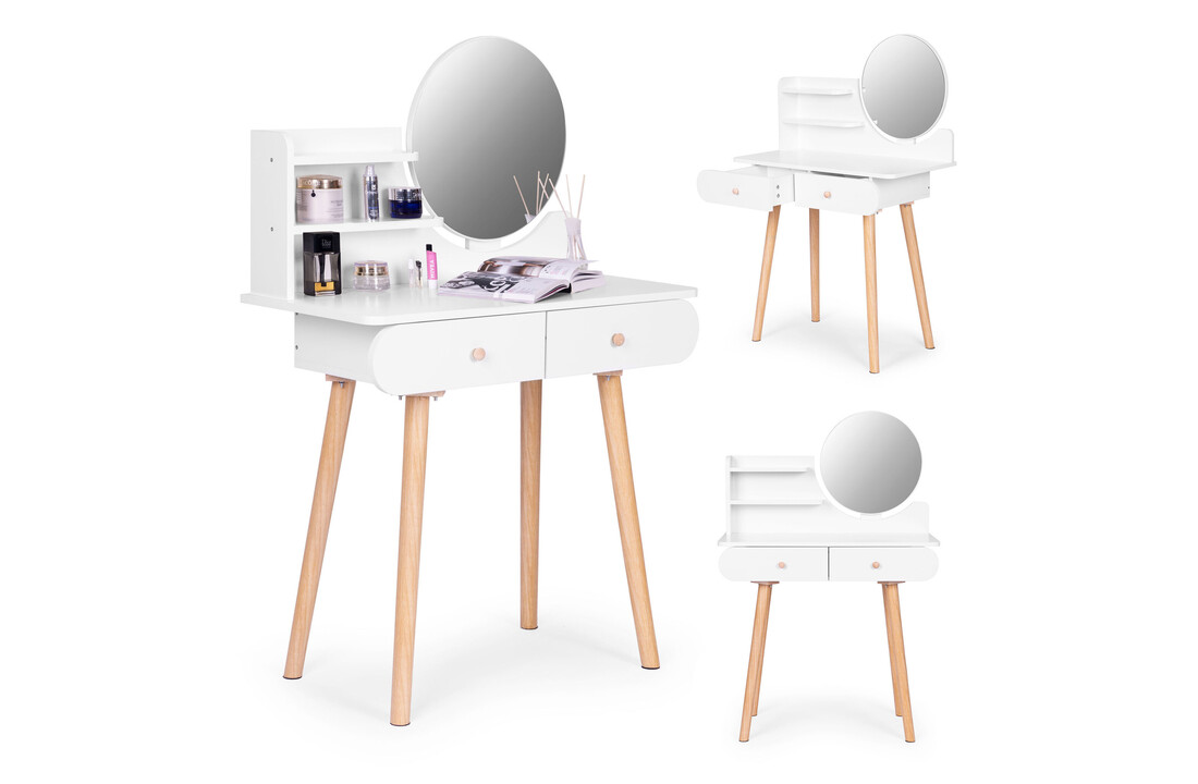 Kaptafel ronde spiegel | Wit & Hout | 80x40x122 cm