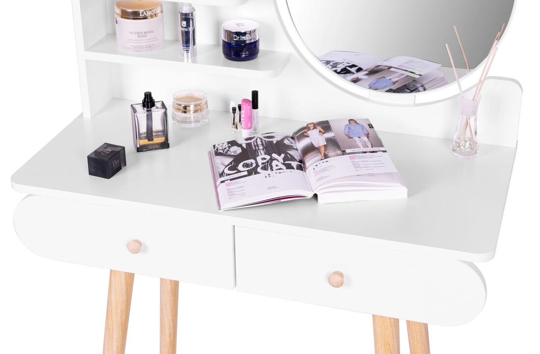 Kaptafel ronde spiegel | Wit & Hout | 80x40x122 cm