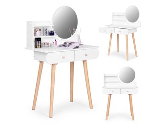 Kaptafel Scandinavisch wit hout met ronde spiegel 80x40x122 cm