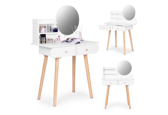 Kaptafel Scandinavisch wit hout met ronde spiegel 80x40x122 cm