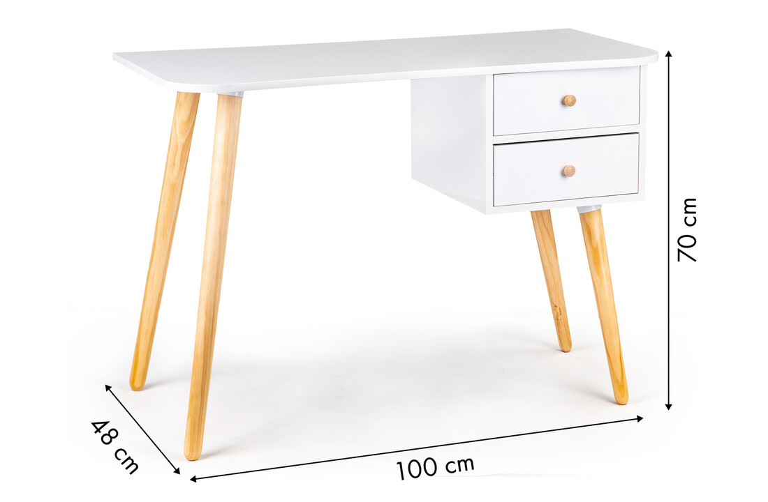 Kinderbureau 2 lades - Wit met grenen poten - 100x48x70 cm