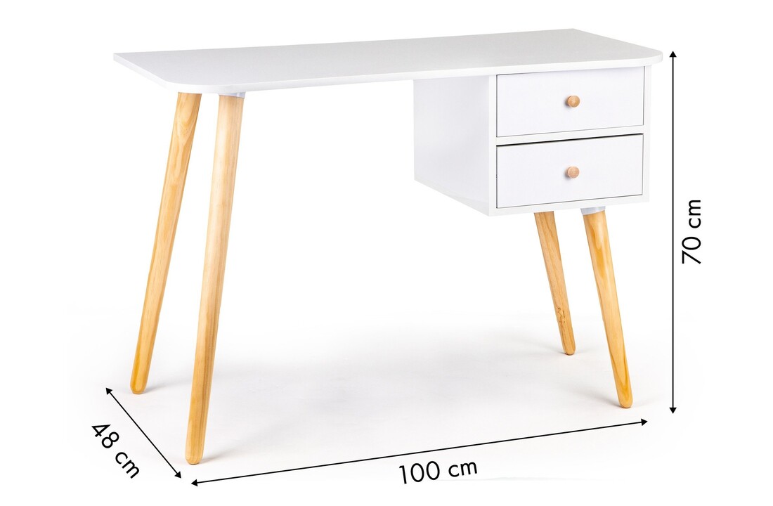 Bureau met lades houtpoten - Wit, Grenen, 100x48x70 cm