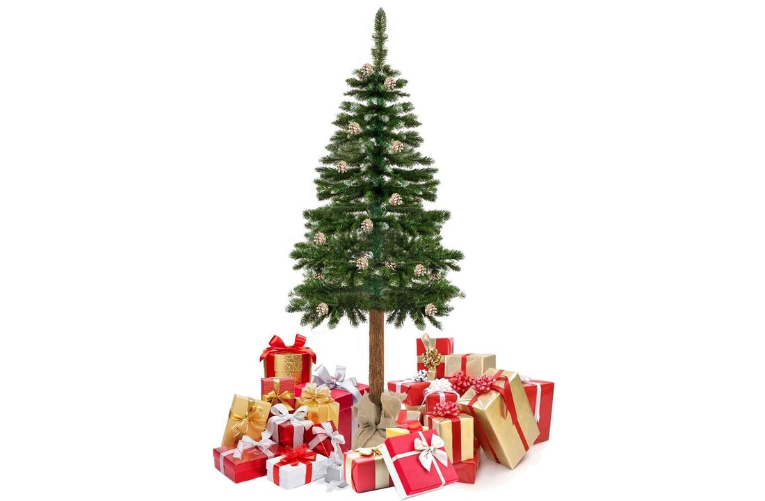 Kunstkerstboom 180 cm groen met houten stam en dennenappels