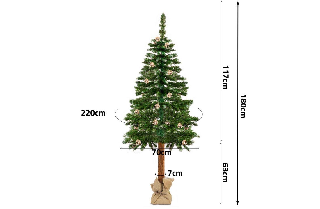 Kunstkerstboom houten stam - 180 cm groen met dennenappels