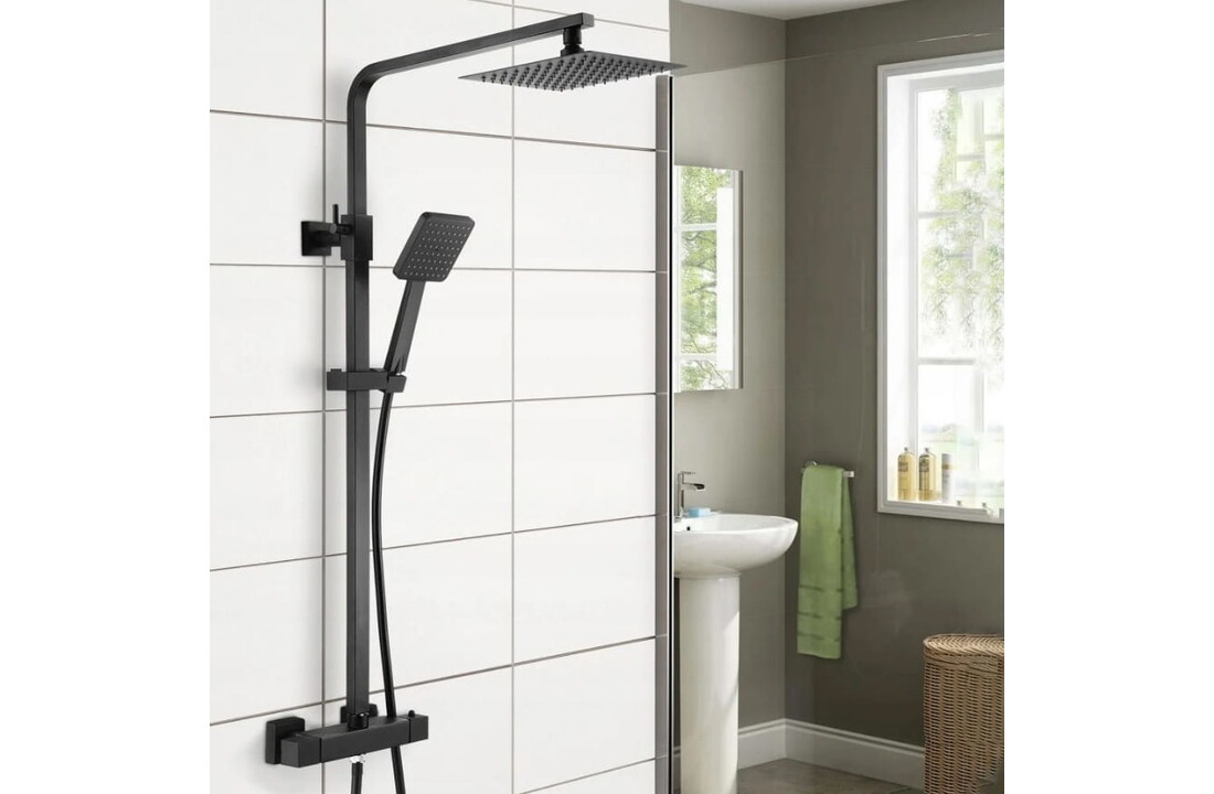 Doucheset mat zwart compleet met thermostatische mengkraan, messing