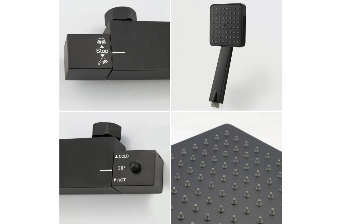 Regendouche set vierkant mat zwart messing 20x20cm