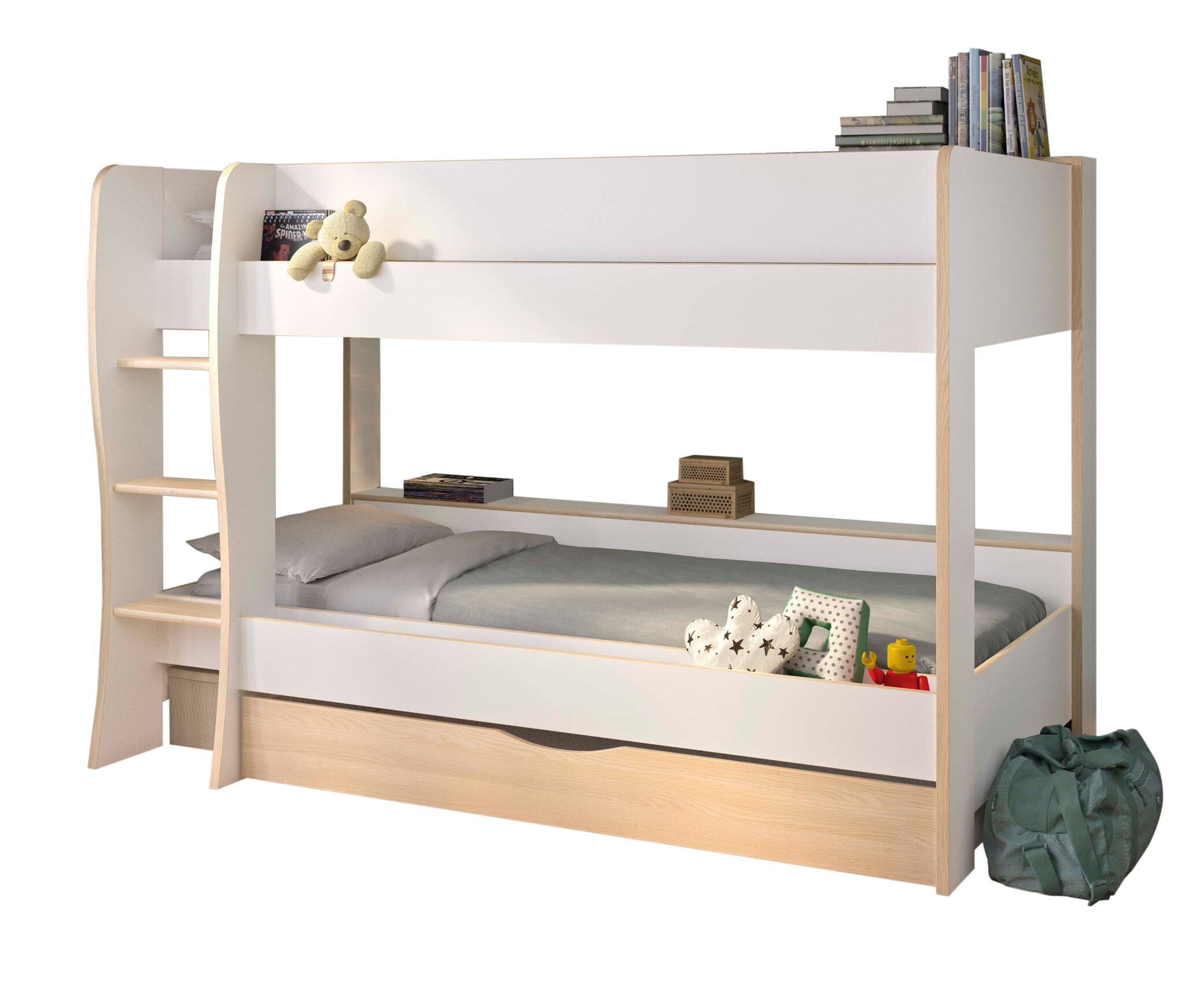 Kinderkamer hoogslaper wit eiken - 90x200cm - Opbergruimte