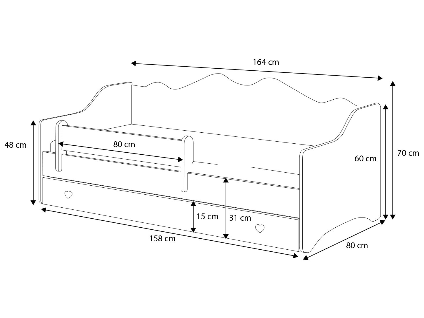 Bedbank kind 160x80 - Wit Grenenhout met Lade - Veilig & Functioneel