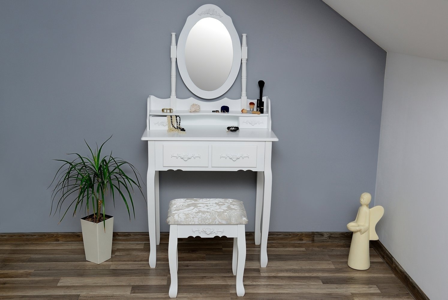 Kaptafel met kruk - Wit, Grenen/MDF, 75x40x147 cm