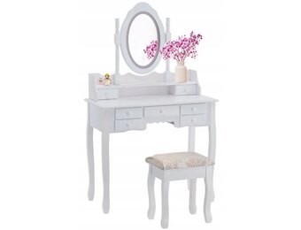 Kaptafel met spiegel en kruk | Wit MDF | 90x40x146 cm