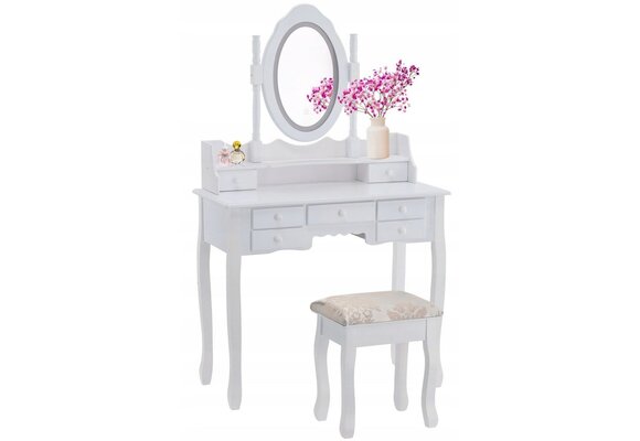 Kaptafel met spiegel en kruk | Wit MDF | 90x40x146 cm