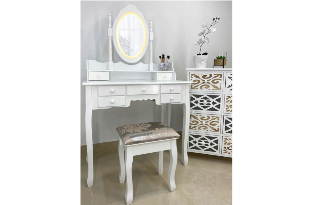 Kaptafel met spiegel en kruk | Wit MDF | 90x40x146 cm