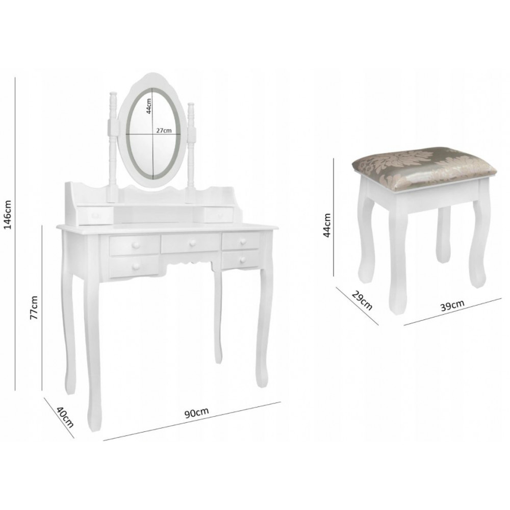 Kaptafel met spiegel en kruk | Wit MDF | 90x40x146 cm