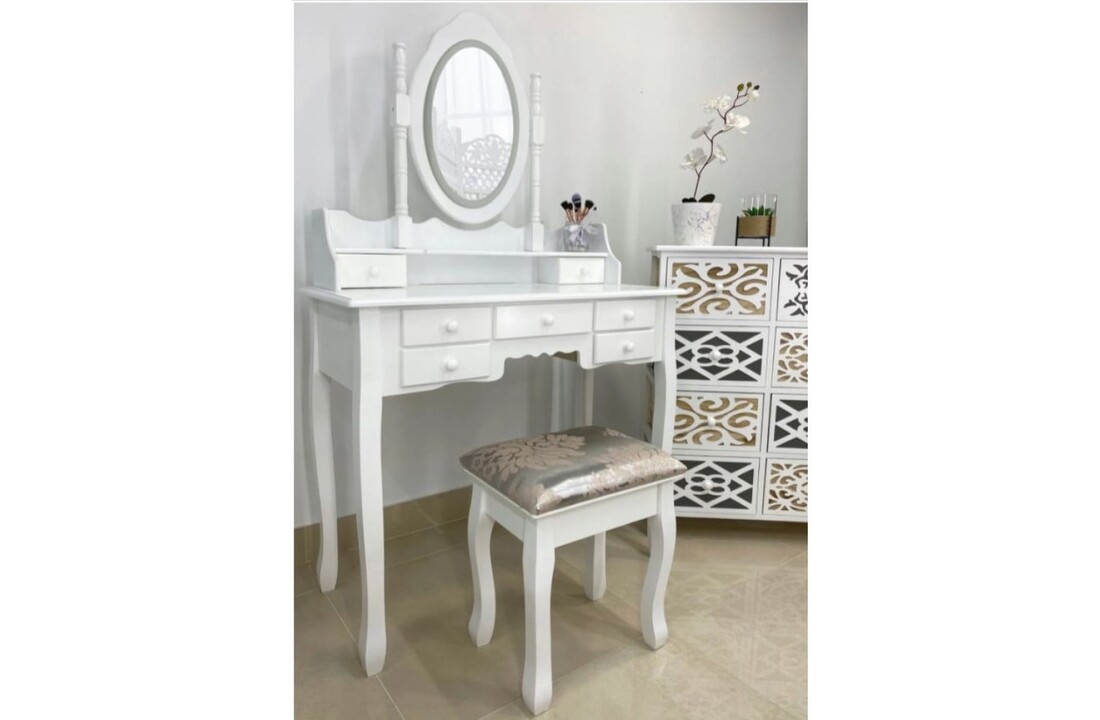 Witte kaptafel met lades - 7 lades, LED spiegel, MDF