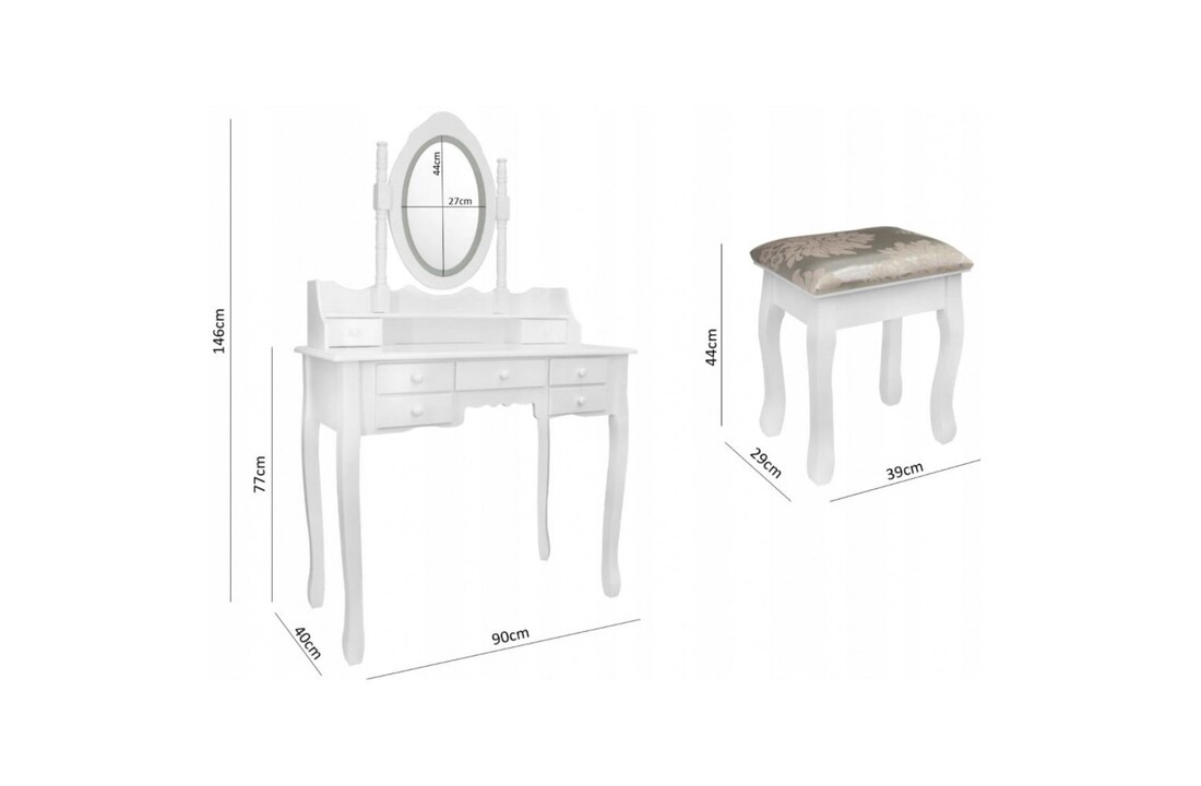 Witte kaptafel met lades - 7 lades, LED spiegel, MDF