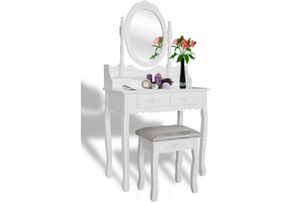 Kaptafel met spiegel wit MDF en kruk - 74x40x143cm